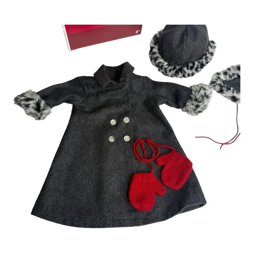 American Girl Doll Nellie Holiday Coat Hat & Mittens Faux Fur Animal Print Box